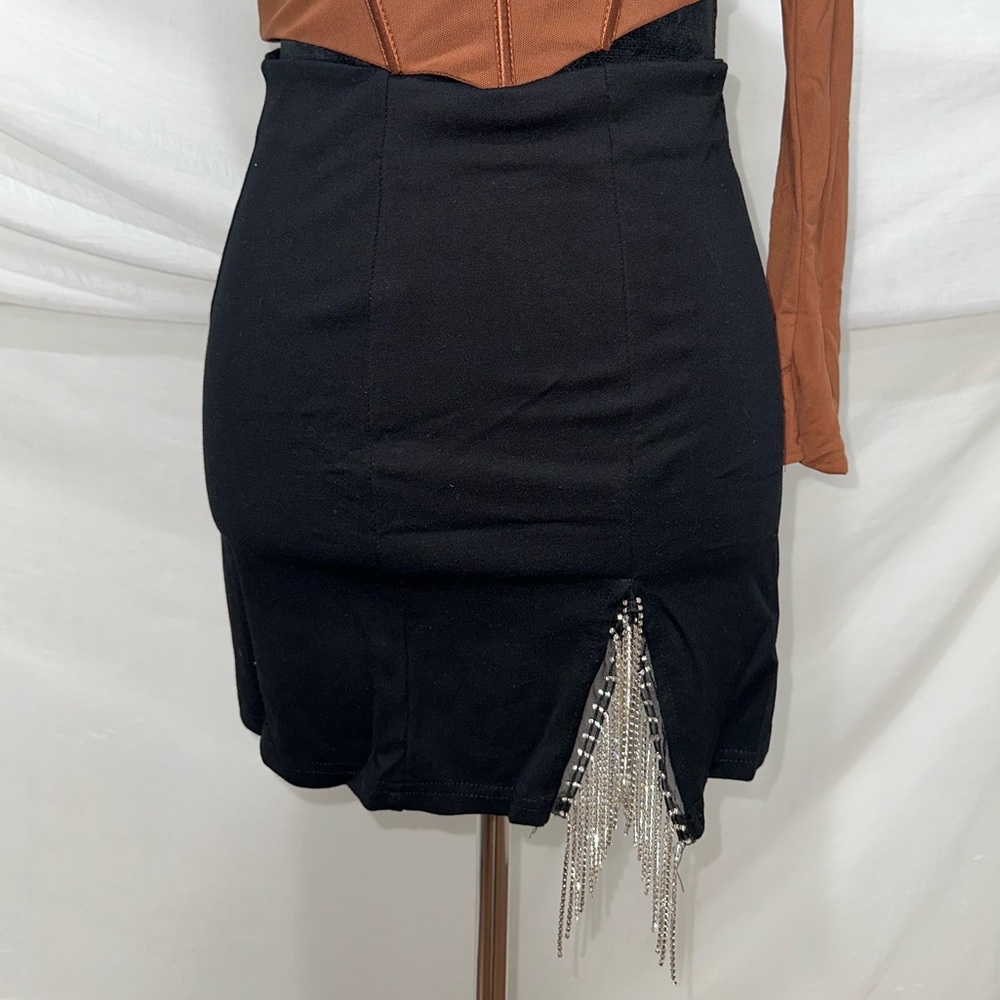 Rhinestone fringe trim bodycon skirt black